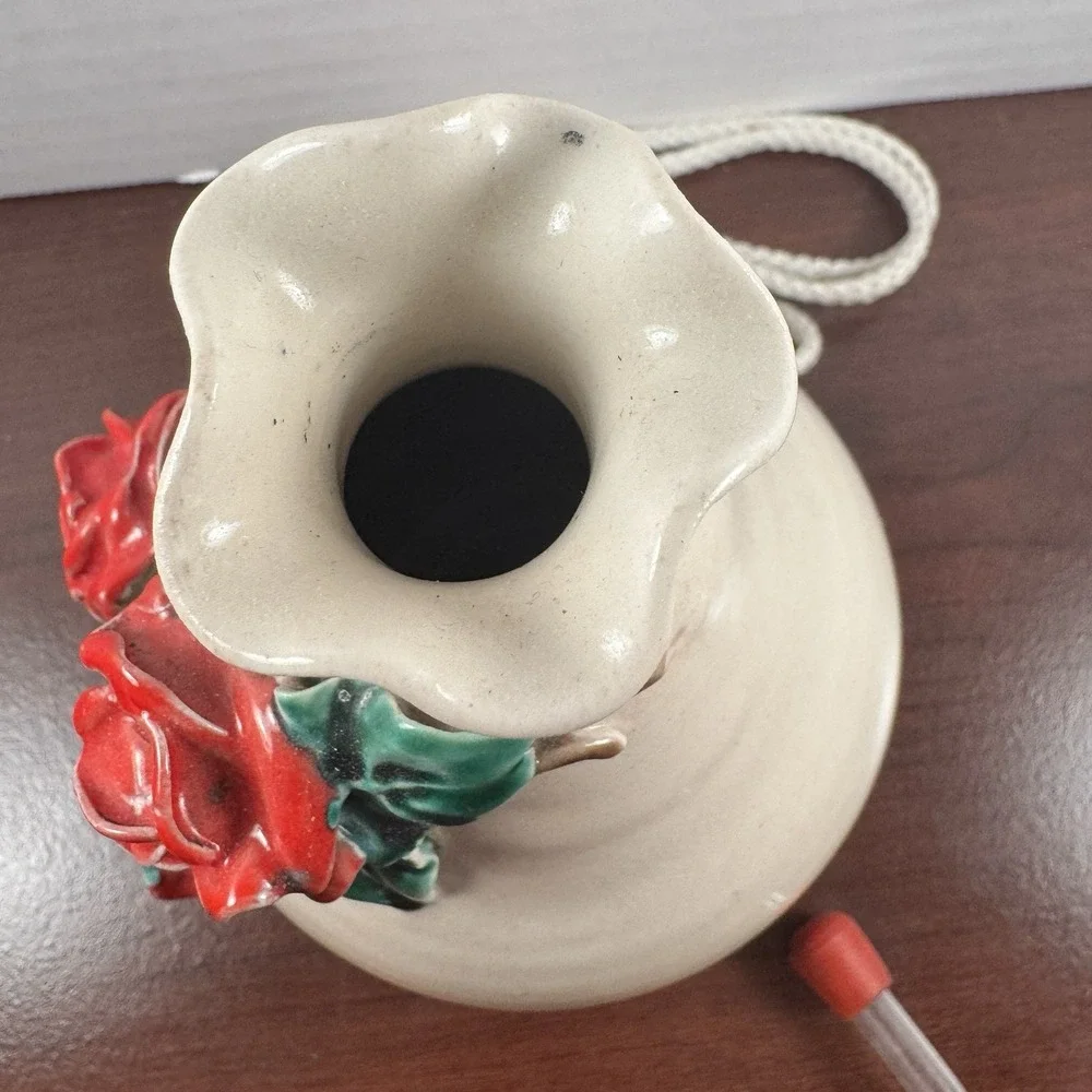 Vintage Artisan Signed 3D Rose Ceramic Hanging Hummingbird Nectar Feeder Beige